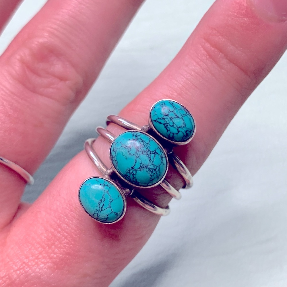 Israeli Artisan SS Turquoise Cluster Ring - 6.5